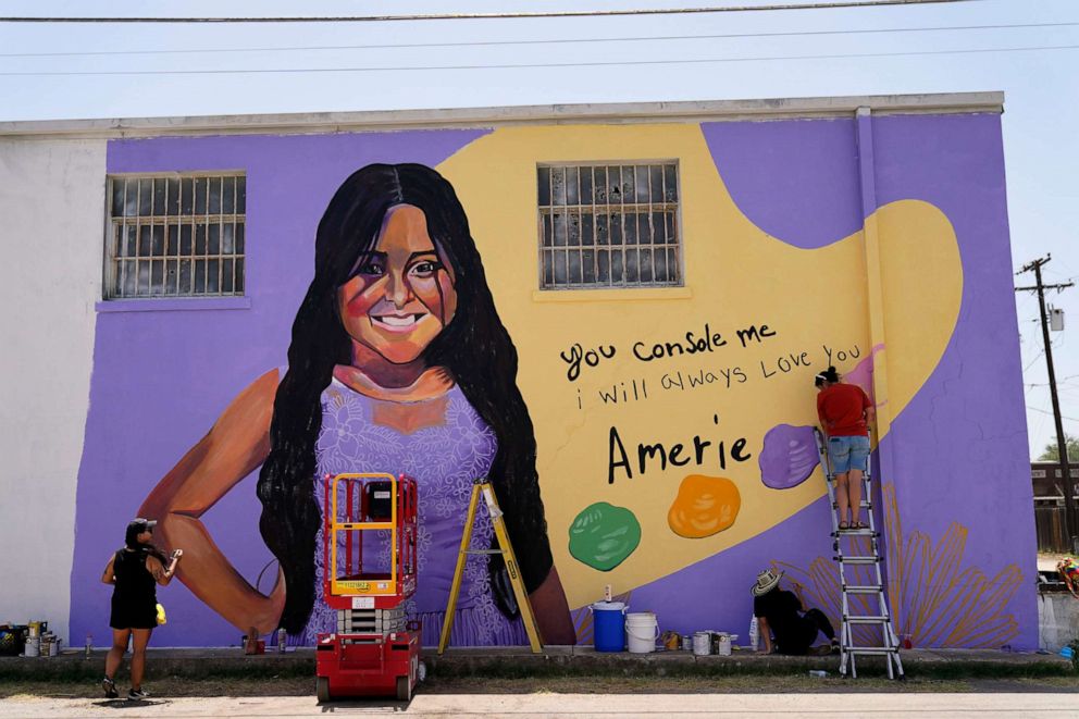 PHOTO: Artists work on a mural to honor Amerie Jo Garza, a student who was killed in the shootings at Robb Elementary school last month, on July 17, 2022, in Uvalde, Texas.