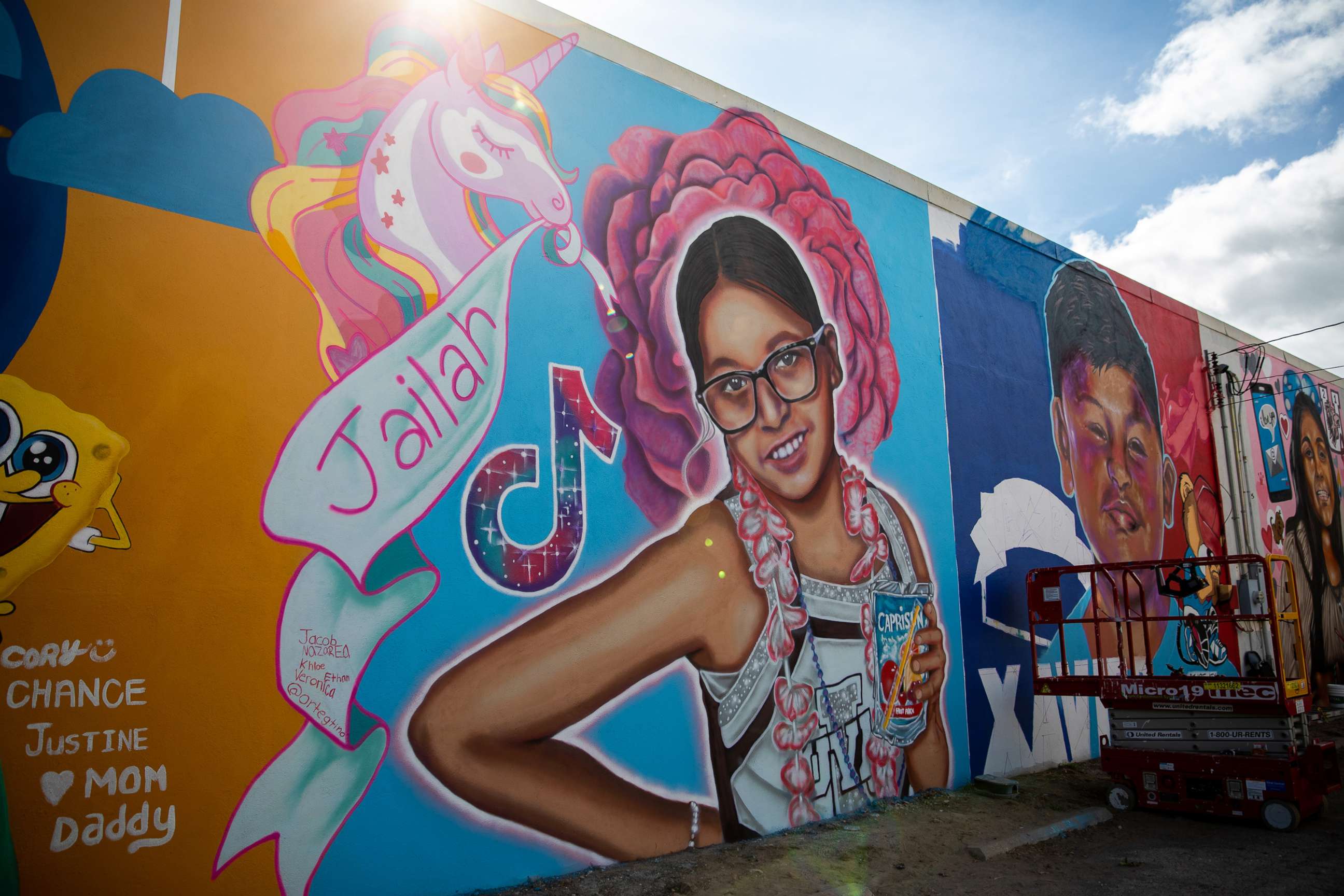 PHOTO: A mural in honor of Jailah Nicole Silguero, along with others for children who died in the Robb Elementary school shooting, fill the wall of a building in downtown Uvalde, Texas, Aug. 21, 2022.