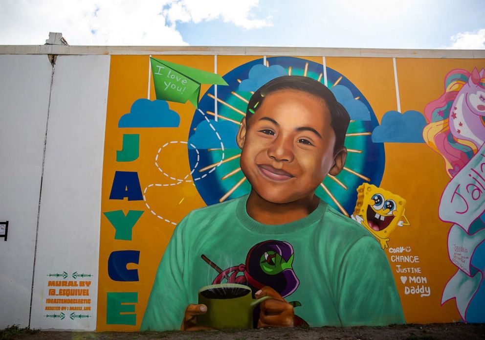 PHOTO: A mural in honor of Jayce Carmelo Luevanos brightens up the wall of a building in downtown Uvalde, Texas, Aug. 21, 2022.