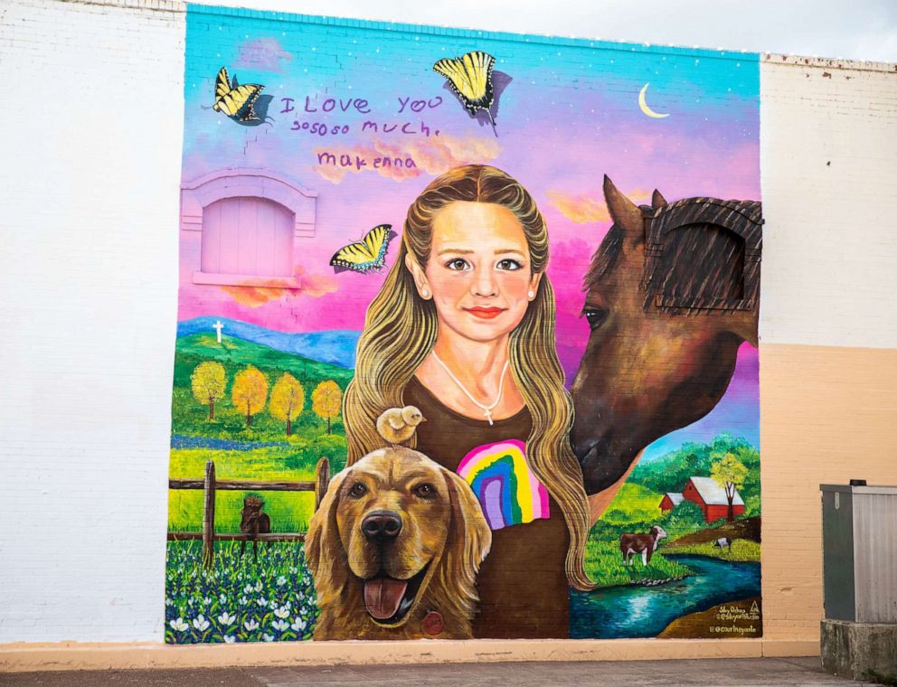 PHOTO: A mural in honor of Makenna Lee Elrod painted on a wall of a building in downtown Uvalde, Texas, Aug. 21, 2022.