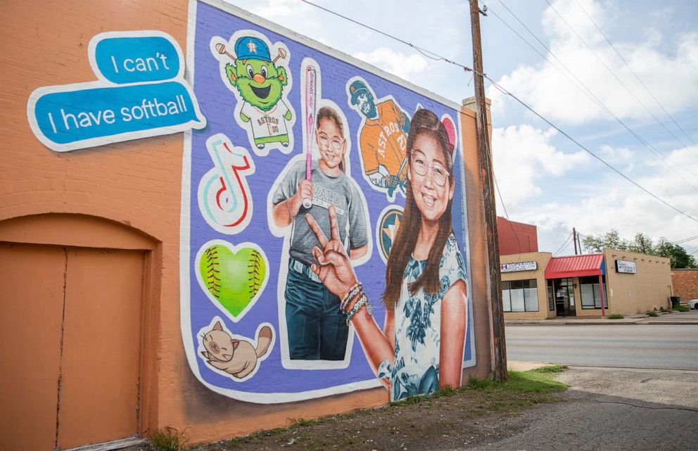 PHOTO: A mural in honor of Tess Marie Mata fills part of the wall of a building in downtown Uvalde, Texas, Aug. 21, 2022.
