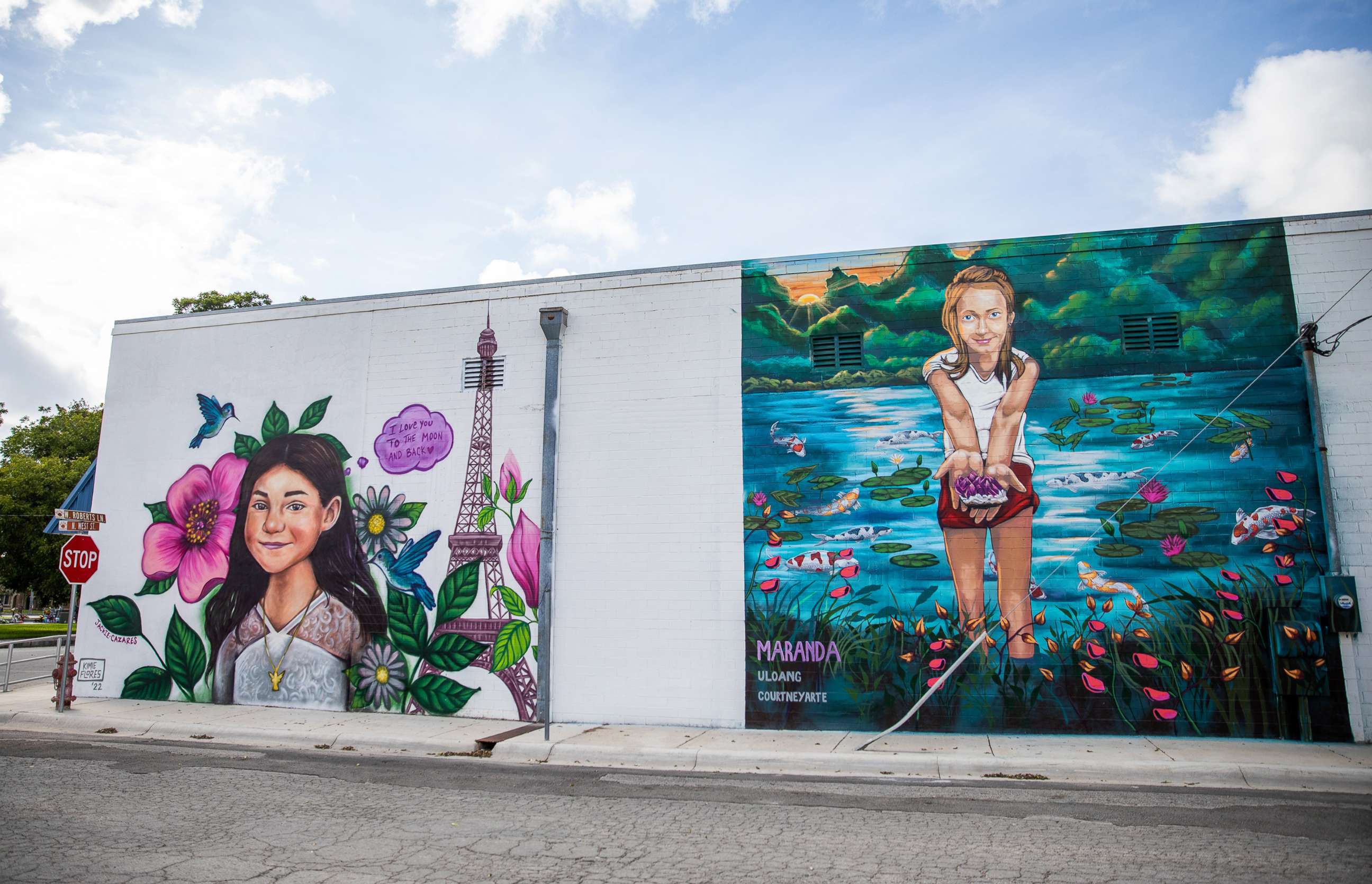 PHOTO: Murals honoring Jackie Cazares, left, and Maranda Mathis, right, fill the wall of a building in downtown Uvalde, Texas, Aug. 21, 2022.