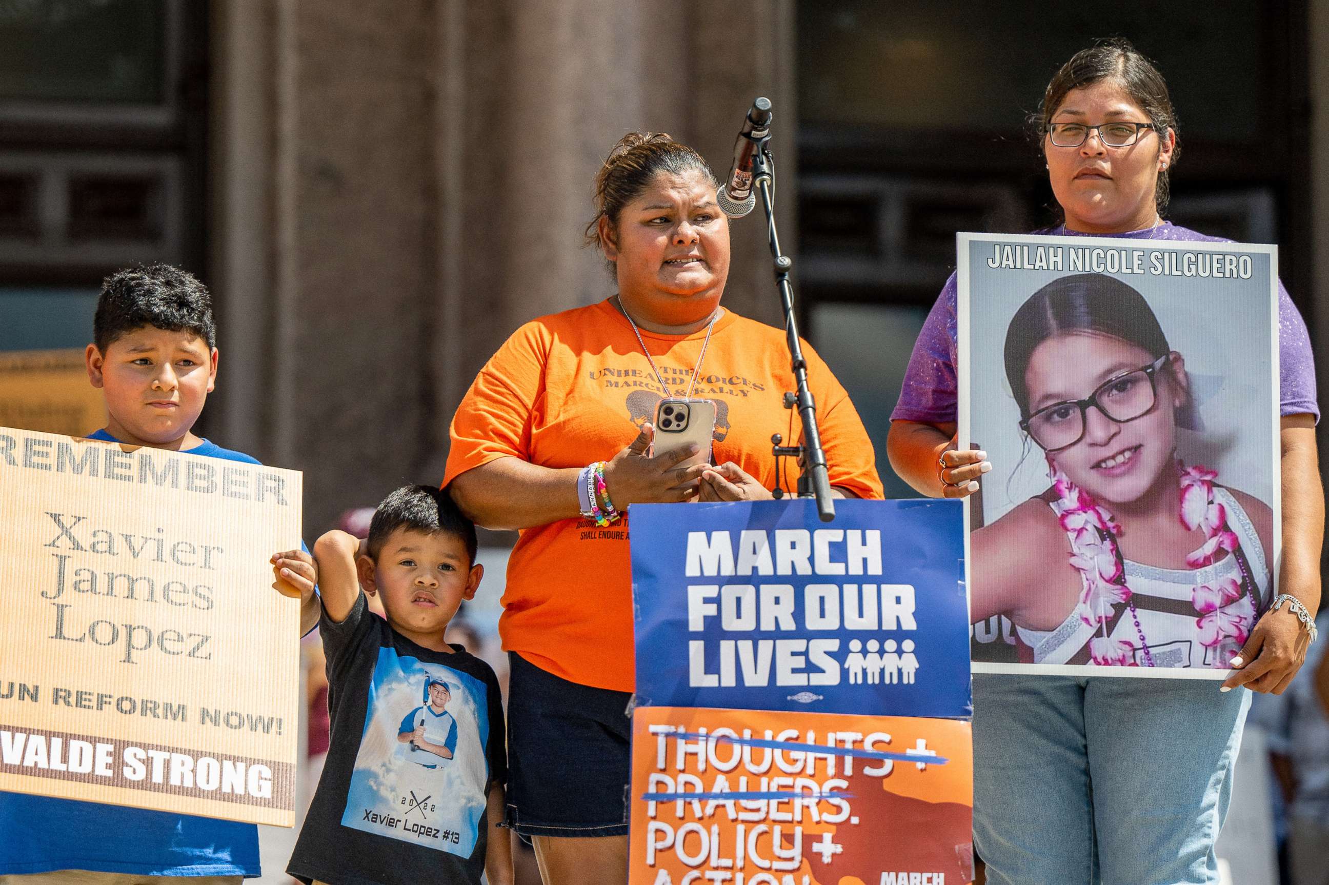 PHOTO: The Lopez and Silguero families speak about their children, who were murdered during the mass shooting at Robb Elementary School, during a March For Our Lives rally on Aug. 27, 2022 in Austin, Texas.