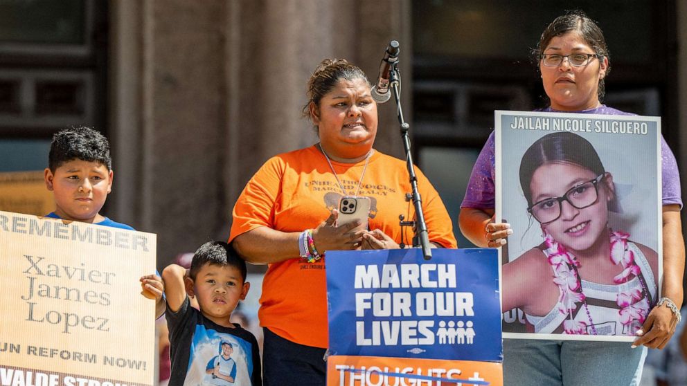 PHOTO: The Lopez and Silguero families speak about their children, who were murdered during the mass shooting at Robb Elementary School, during a March For Our Lives rally on Aug. 27, 2022 in Austin, Texas.