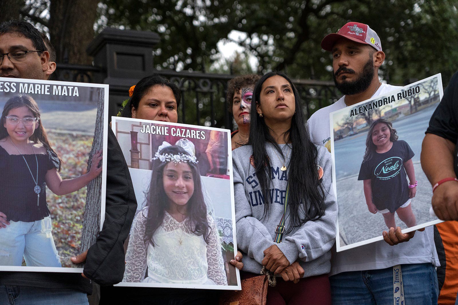 PHOTO: Family of Uvalde shooting victims stand outside the Governor's Mansion during the March of the Children to honor lives lost in Uvalde on Nov. 1, 2022.