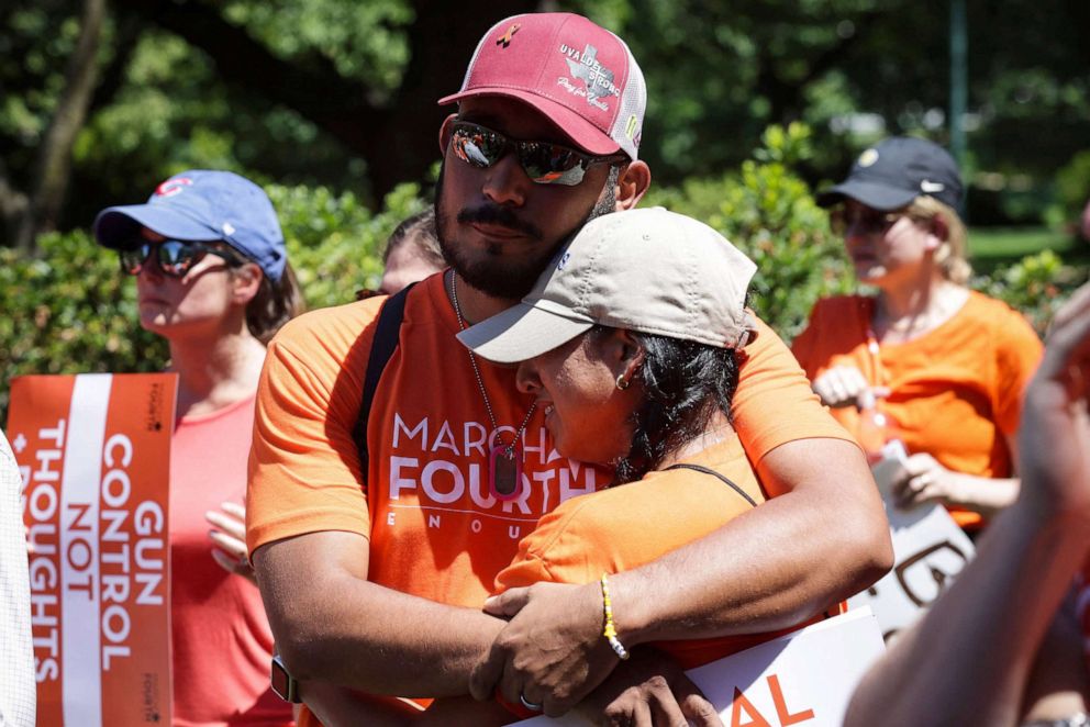 PHOTO: Kimberly Rubio, and her husband Felix, parents of 10-year-old Lexi Rubio, who was among the 21 people gunned down in the May 24 mass shooting at Robb Elementary School in Uvalde, attend a rally  for gun controlin Washington, D.C, on July 13, 2022.