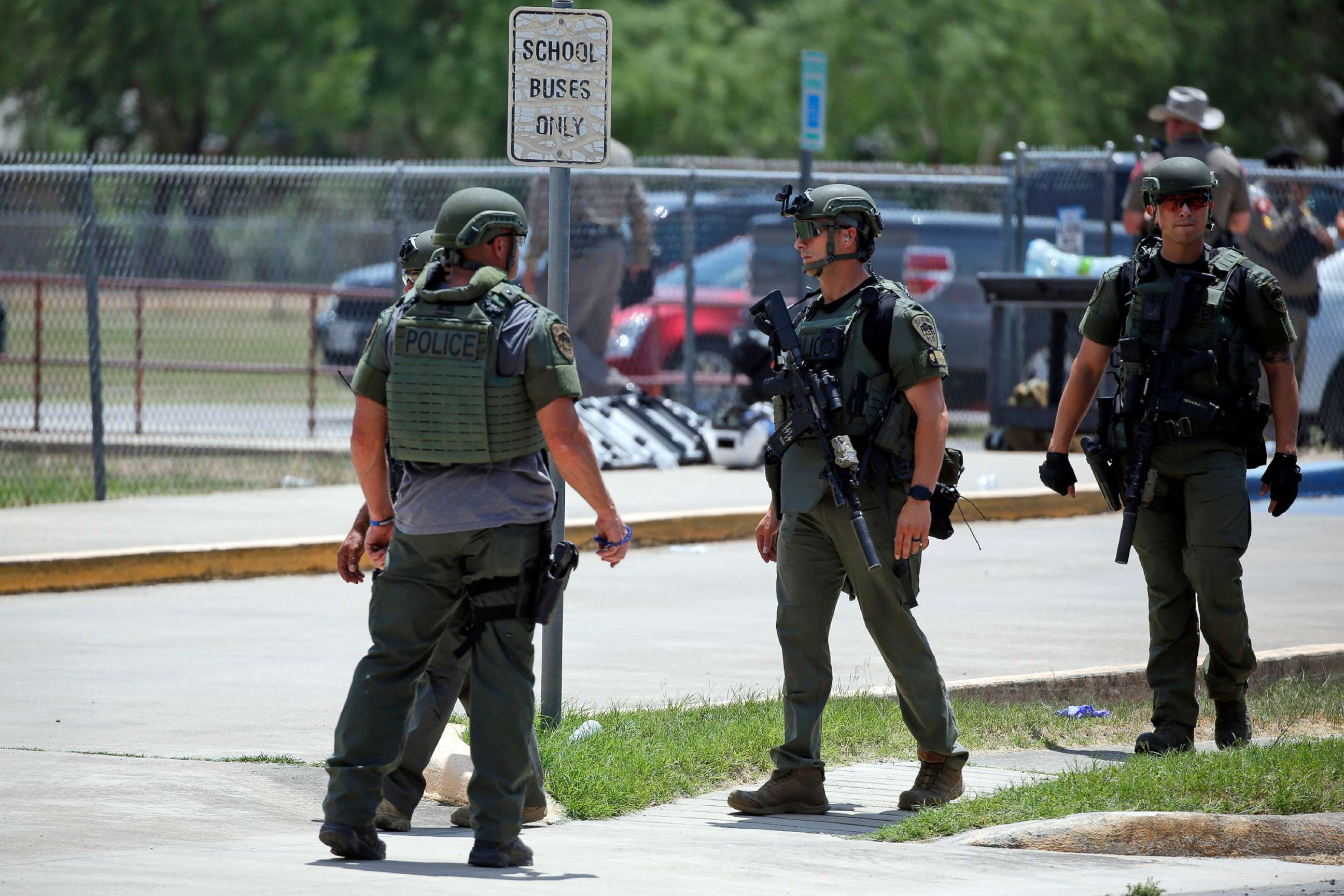 PHOTO: Law enforcement personnel stand outside Robb Elementary School following a shooting, on May 24, 2022, in Uvalde, Texas.
