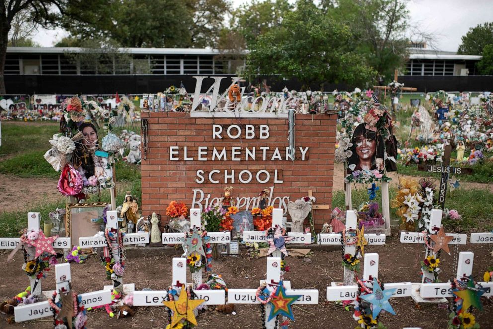 PHOTO: Crosses set up to honor those who lost their lives during the Robb Elementary School shooting in Uvalde, Texas on Nov. 7, 2022.