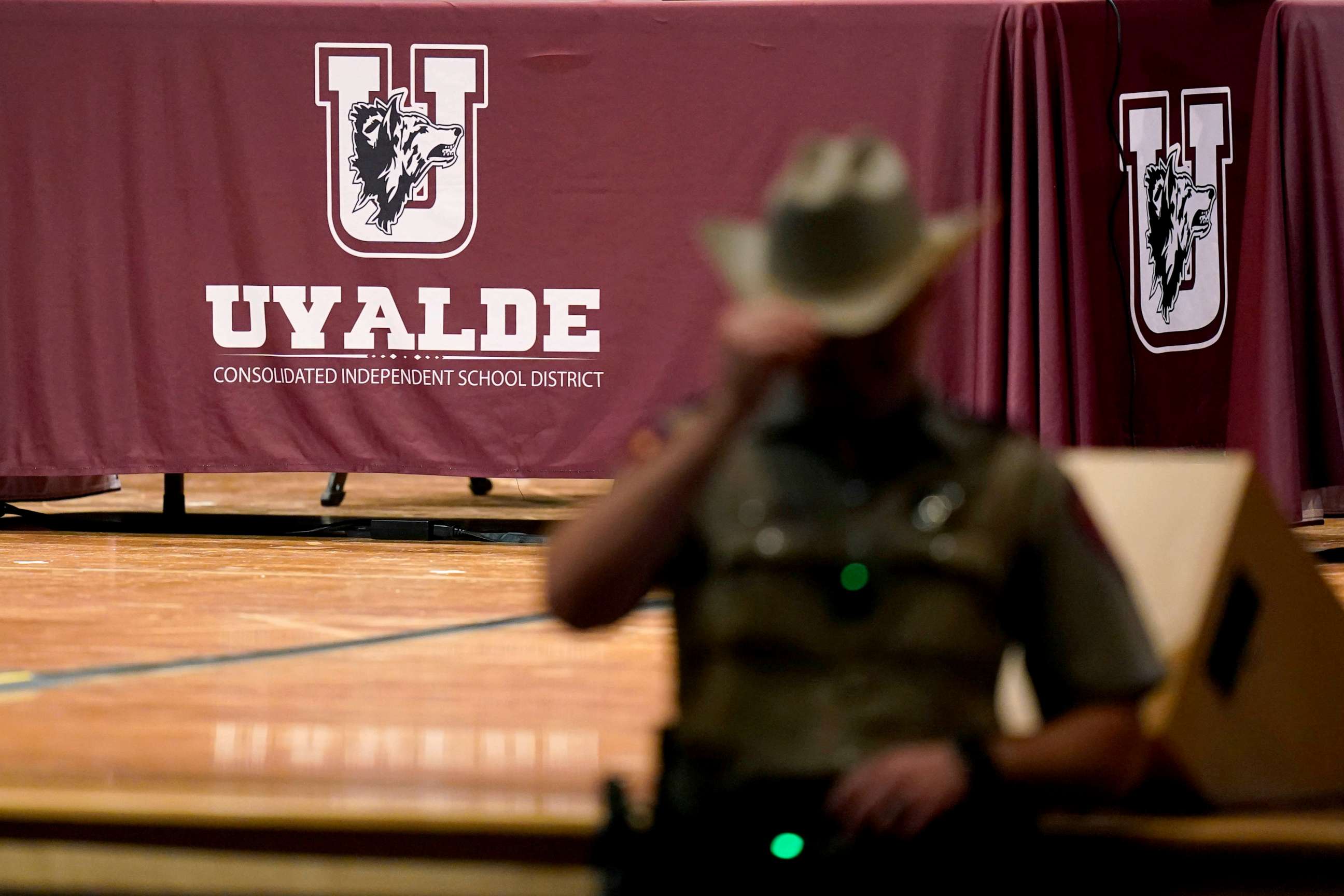 PHOTO: Texas Department of Safety Troopers stand by for a meeting of the Board of Trustees of Uvalde Consolidated Independent School District, Aug. 24, 2022, in Uvalde, Texas.