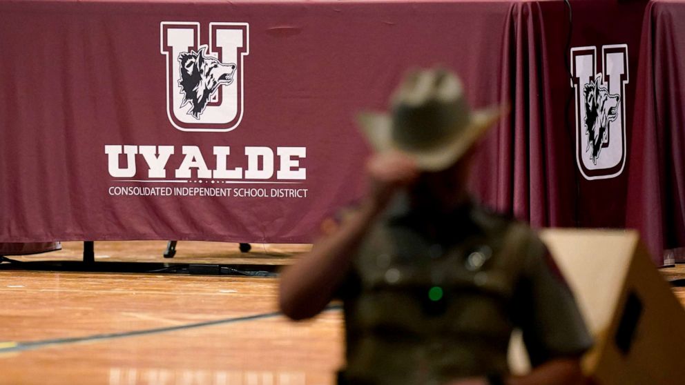 PHOTO: Texas Department of Safety Troopers stand by for a meeting of the Uvalde Consolidated Independent School District Board of Trustees August 24, 2022 in Uvalde, Texas.