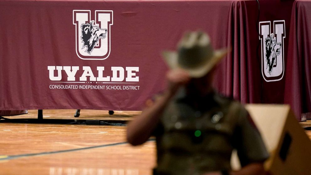 PHOTO: Texas Department of Safety Troopers stand by for a meeting of the Board of Trustees of Uvalde Consolidated Independent School District, Aug. 24, 2022, in Uvalde, Texas.