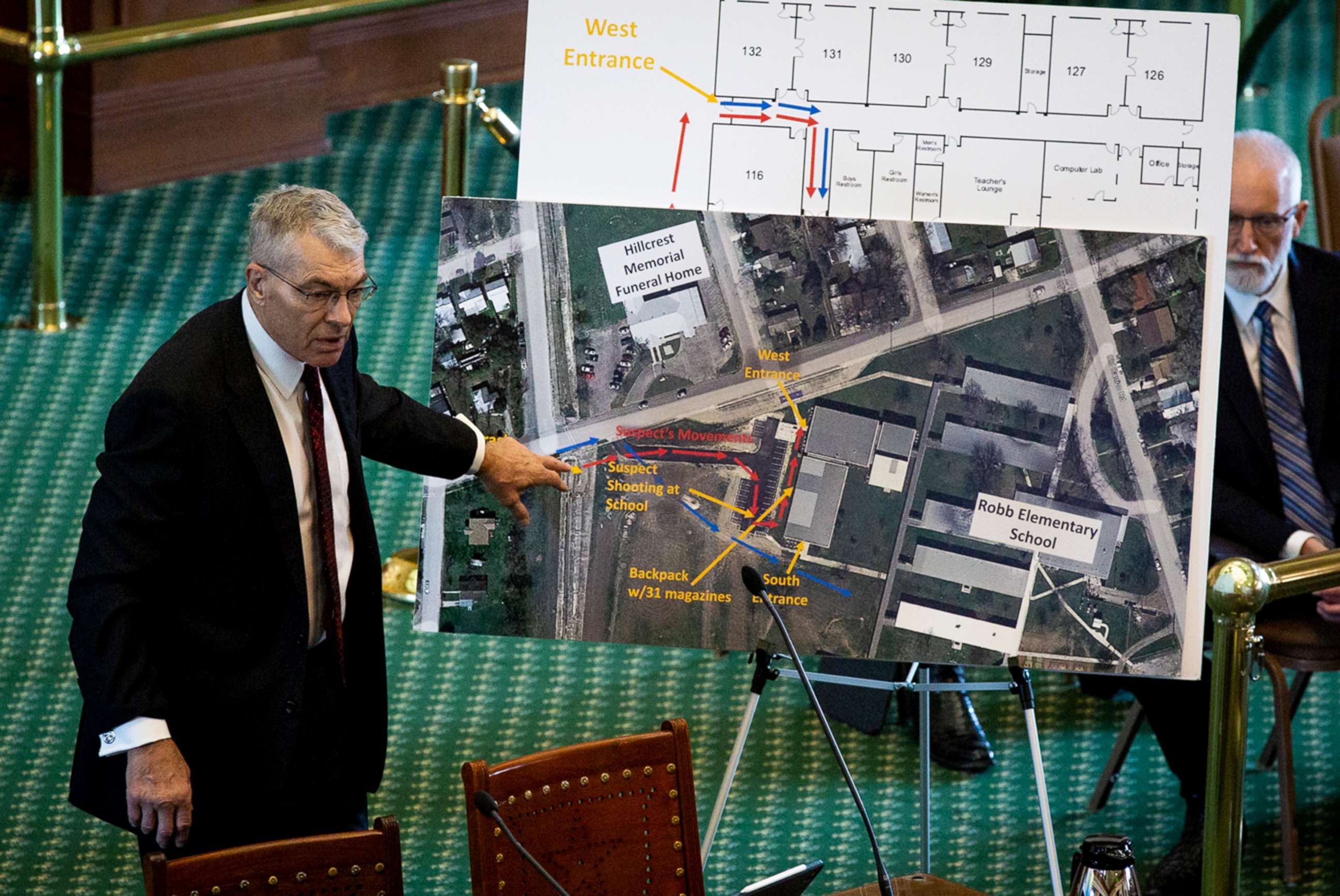 PHOTO: Department of Public Safety Director Steve McCraw uses maps and graphics to present a timeline of the school shooting at Robb Elementary School in Uvalde, during the hearing at the State Capitol in Austin, June 21, 2022.