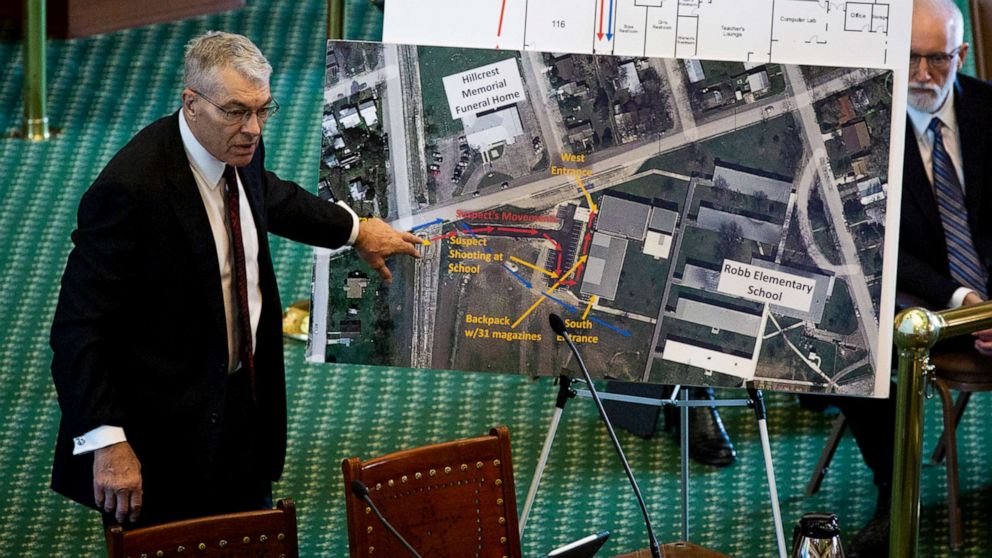 PHOTO: Department of Public Safety Director Steve McCraw uses maps and graphics to present a timeline of the school shooting at Robb Elementary School in Uvalde, during the hearing at the State Capitol in Austin, June 21, 2022.