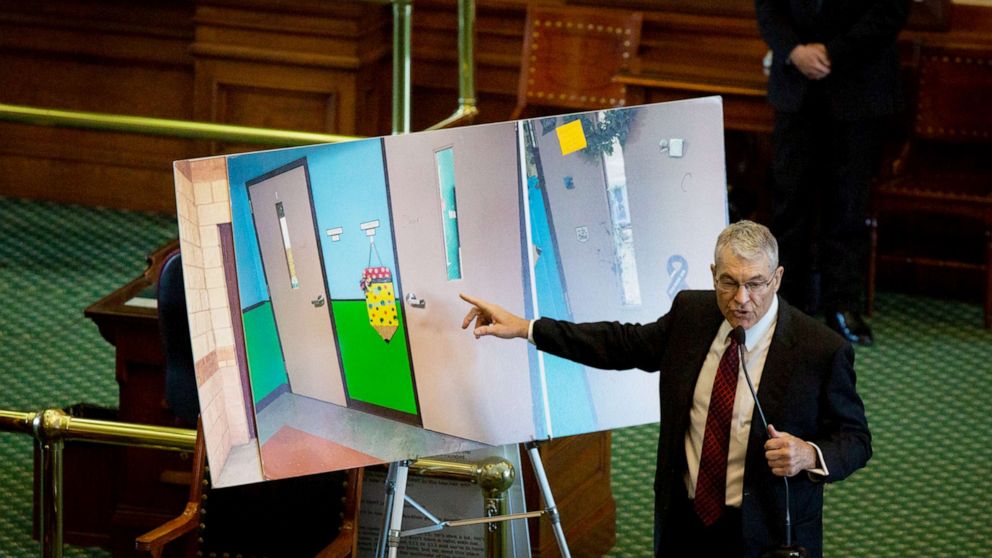 PHOTO: Department of Public Safety Director Steve McCraw uses photos of doors to present what happened during the school shooting at Robb Elementary School in Uvalde, during the hearing at the State Capitol in Austin, Texas, June 21, 2022.