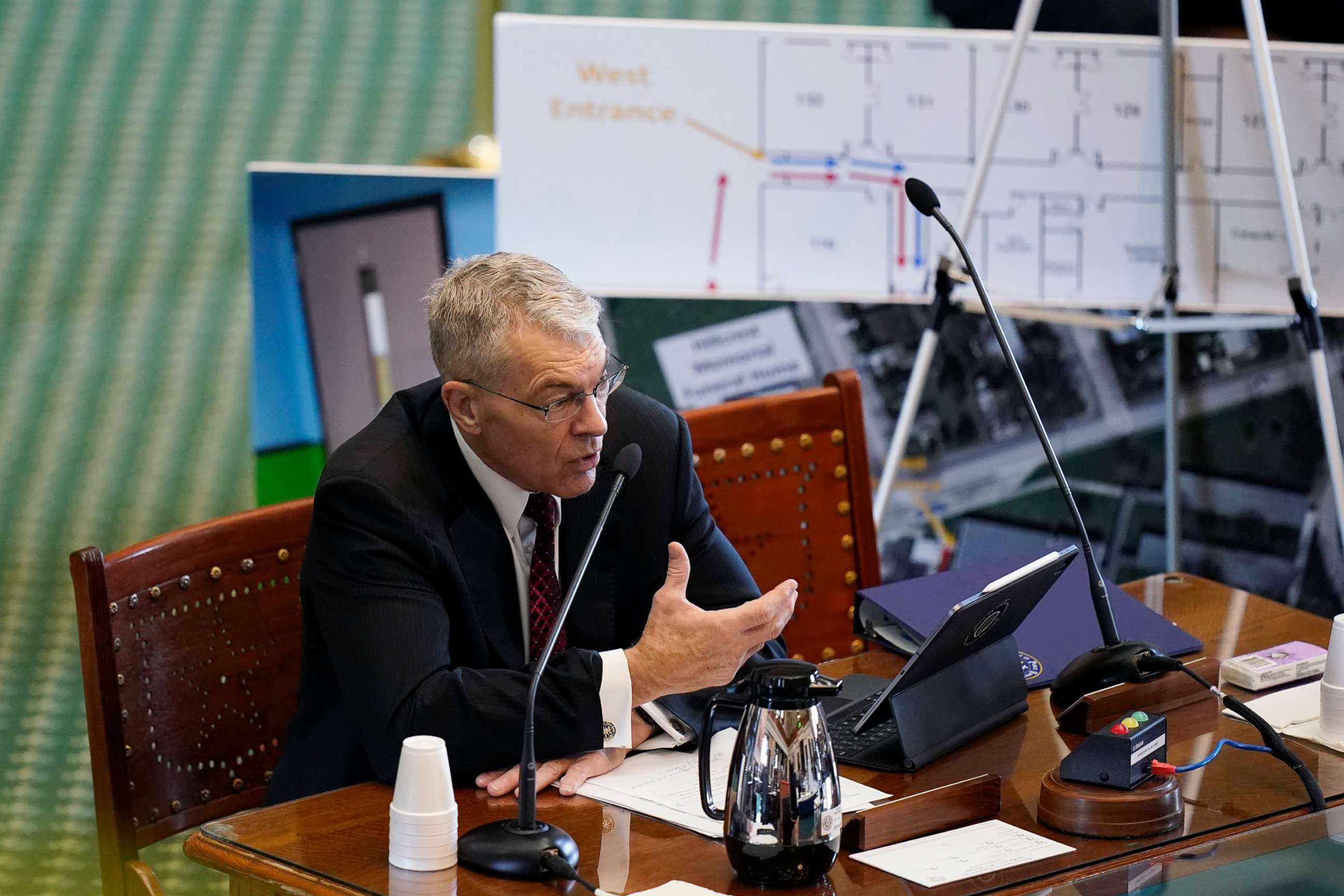 PHOTO: Using a diagram of Robb Elementary School in Uvalde, Texas Department of Public Safety Director Steve McCraw testifies at a Texas Senate hearing at the state capitol in Austin, Texas, June 21, 2022.