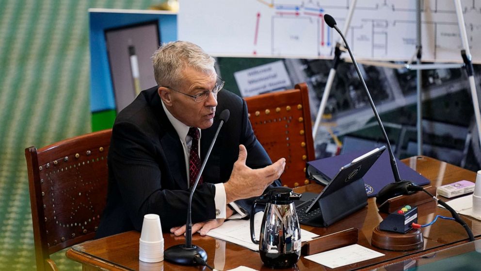 PHOTO: Using a diagram of Robb Elementary School in Uvalde, Texas Department of Public Safety Director Steve McCraw testifies at a Texas Senate hearing at the state capitol in Austin, Texas, June 21, 2022.