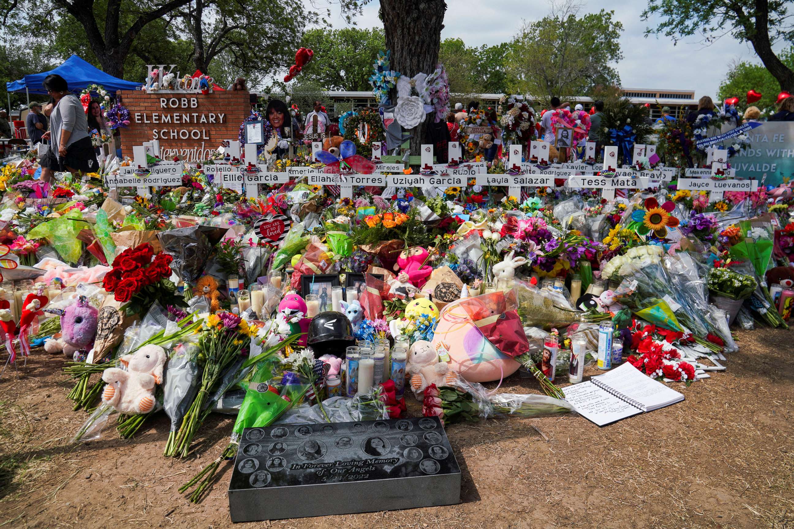 PHOTO: Flowers, toys, and other objects to remember the victims of the deadliest U.S. school mass shooting in nearly a decade, are pictured at the Robb Elementary School in Uvalde, Texas, on May 30, 2022.