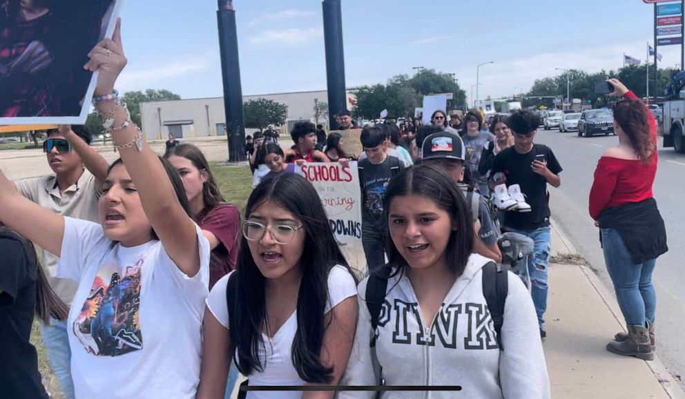 PHOTO: Students walk out of class to protest gun violence, on April 5, 2023, in Uvalde, Texas.