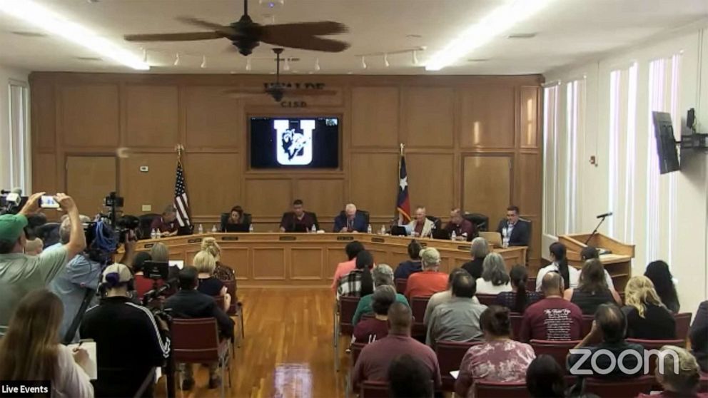 PHOTO: A meeting of the School Board is held in Uvalde, Texas, Aug. 15, 2022.