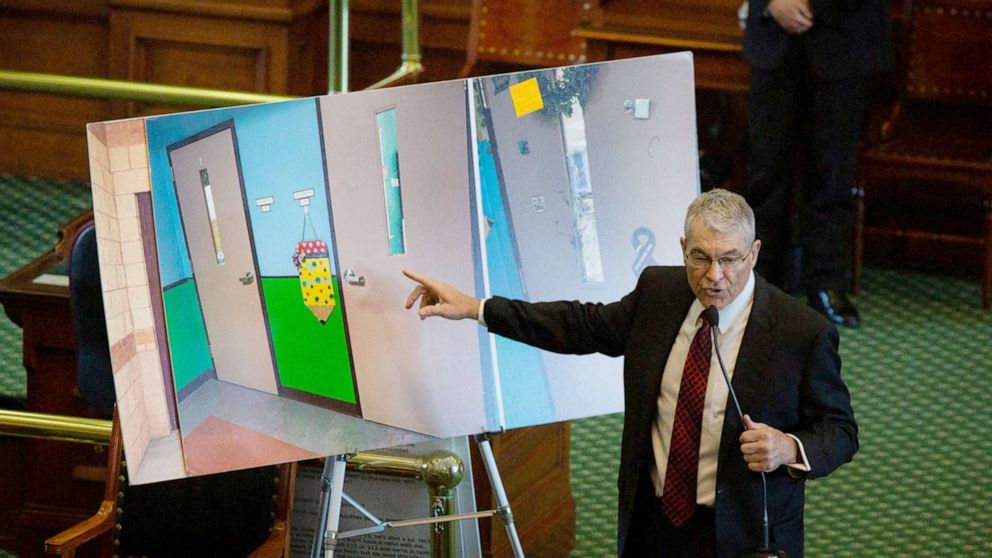 PHOTO: Department of Public Safety Director Steve McCraw uses photos of doors to present what happened during the school shooting at Robb Elementary School in Uvalde to the Texas during the hearing at the State Capitol in Austin, Texas, June 21, 2022.