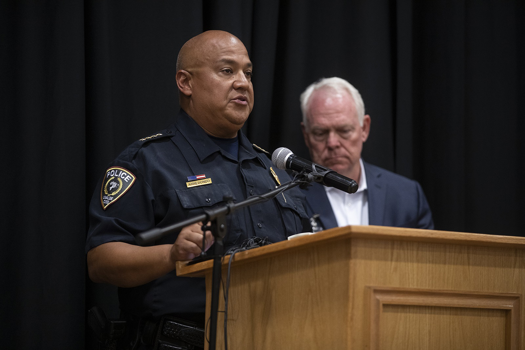 PHOTO: In this May 24, 2022, file photo, Uvalde police chief Pete Arredondo speaks at a press conference following the shooting at Robb Elementary School in Uvalde, Texas.