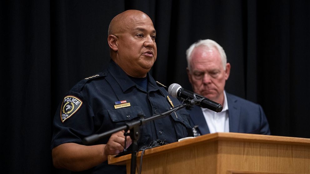 PHOTO: In this May 24, 2022, file photo, Uvalde police chief Pete Arredondo speaks at a press conference following the shooting at Robb Elementary School in Uvalde, Texas.