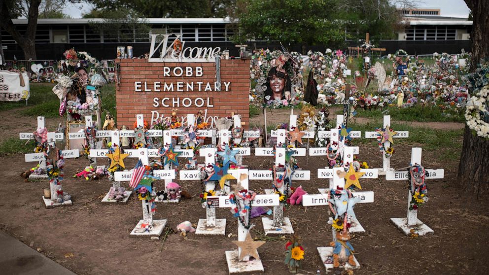 PHOTO: Crosses set up to honor those who lost their lives during the Robb Elementary School shooting in Uvalde, Texas, Nov. 7, 2022.