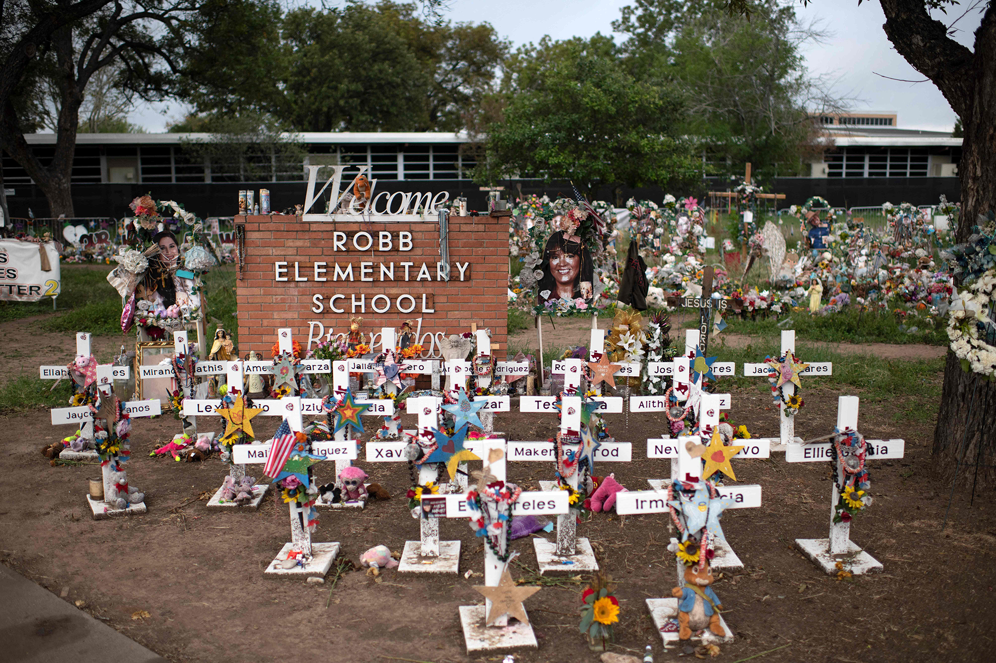 PHOTO: Crosses set up to honor those who lost their lives during the Robb Elementary School shooting in Uvalde, Texas, Nov. 7, 2022.