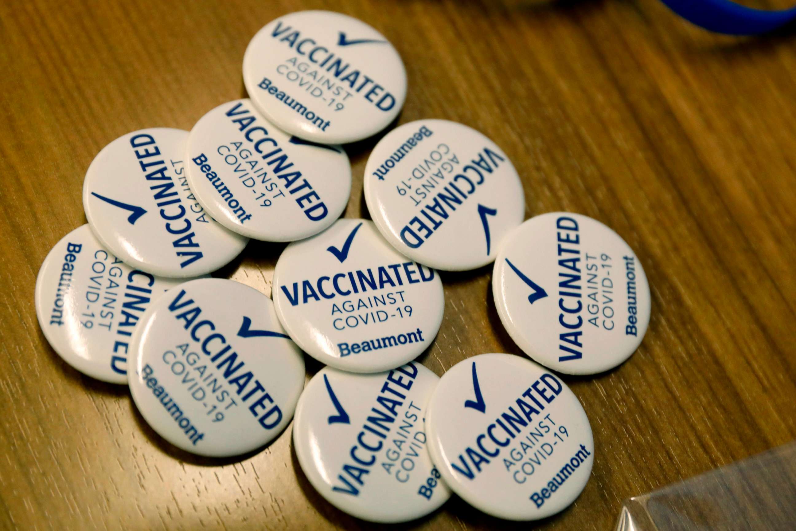 PHOTO: Pins for Beaumont Health Care workers after receiving their first dose of the Pfizer/BioNTech Covid-19 vaccine are seen at their service center in Southfield, Mich., Dec. 15, 2020. 