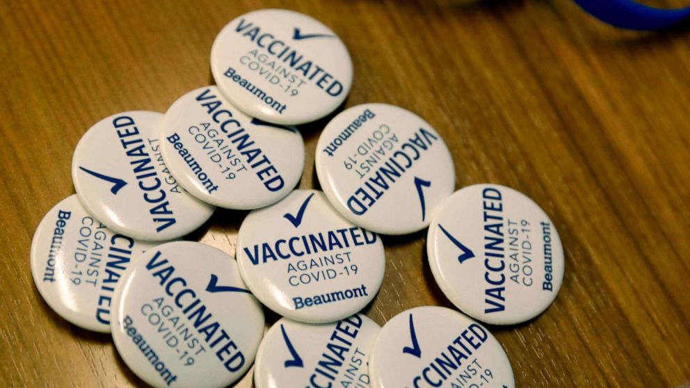 PHOTO: Pins for Beaumont Health Care workers after receiving their first dose of the Pfizer/BioNTech Covid-19 vaccine are seen at their service center in Southfield, Mich., Dec. 15, 2020. 