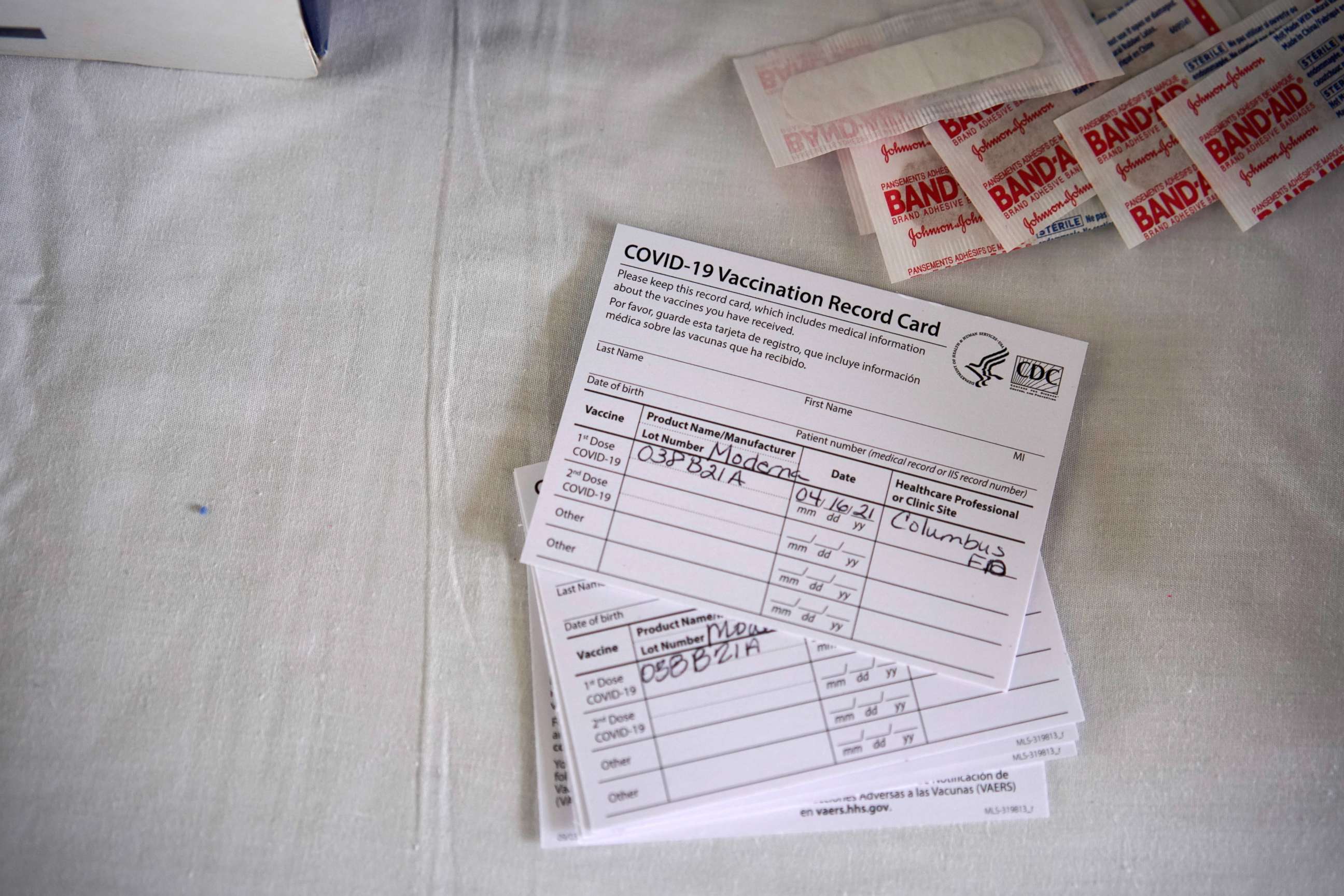 FILE PHOTO: Vaccination cards are pictured at a rural coronavirus disease (COVID-19) vaccination site in Columbus, New Mexico, U.S., April 16, 2021.  REUTERS/Paul Ratje/File Photo