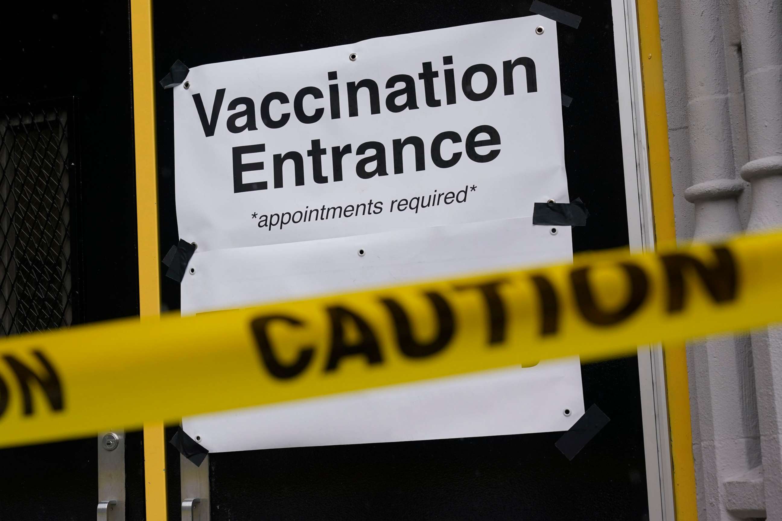 PHOTO: Caution tape lets people know that a COVID-19 vaccination site is closed in New York, on Feb. 2, 2021.