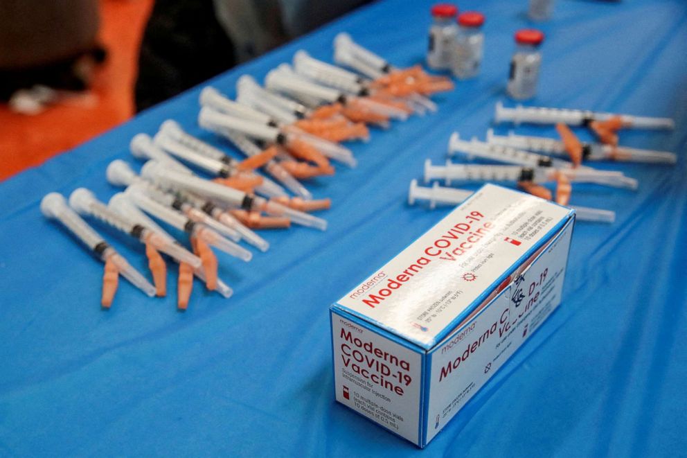 PHOTO: he Moderna COVID-19 vaccine sits on the table at Trinity United Church of Christ in Chicago, Feb. 13, 2021.