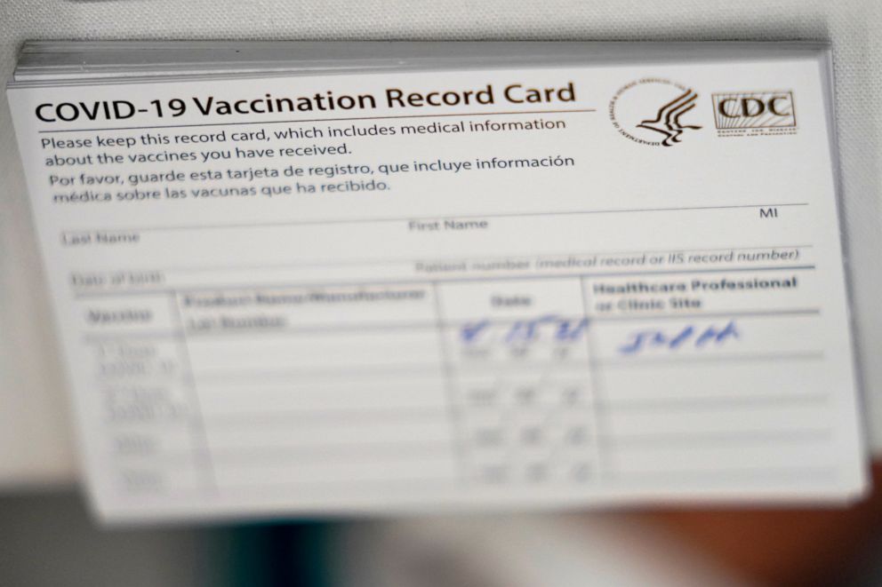 PHOTO: The Centers for Disease Control and Prevention's COVID-19 vaccination card is shown, April 15, 2021.
