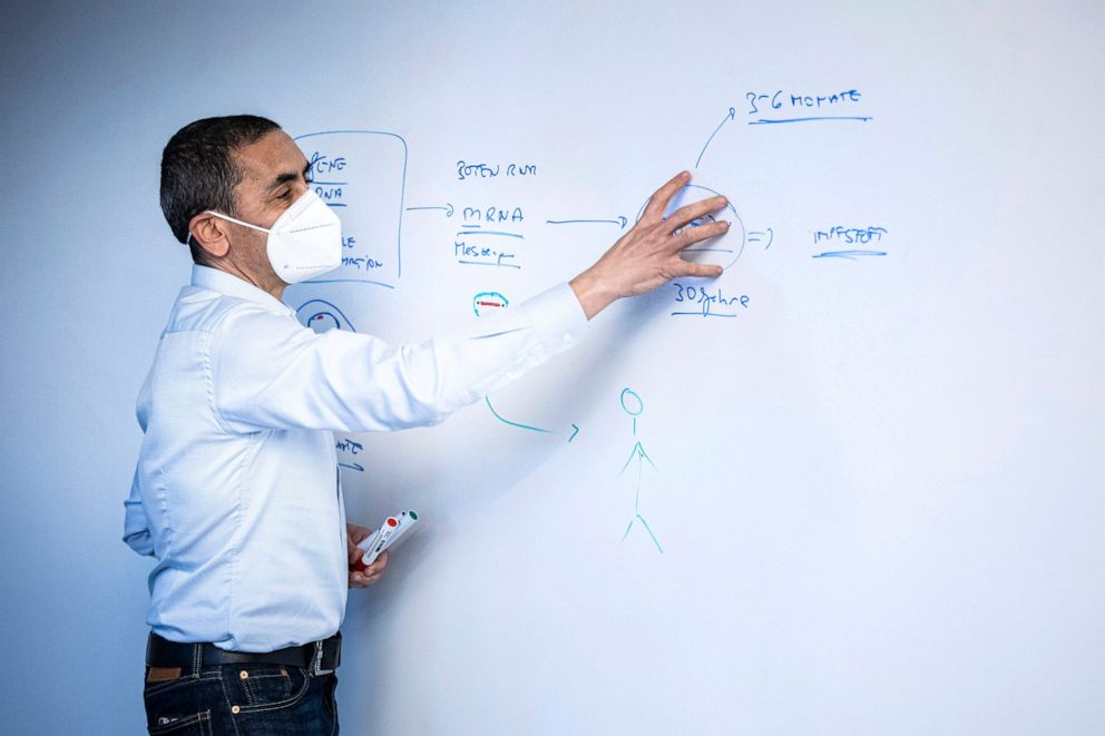 PHOTO: Ugur Sahin, Chairman of Biontech lectures using a dry erase board at the research institute in Mainz, Germany Dec. 04, 2020.