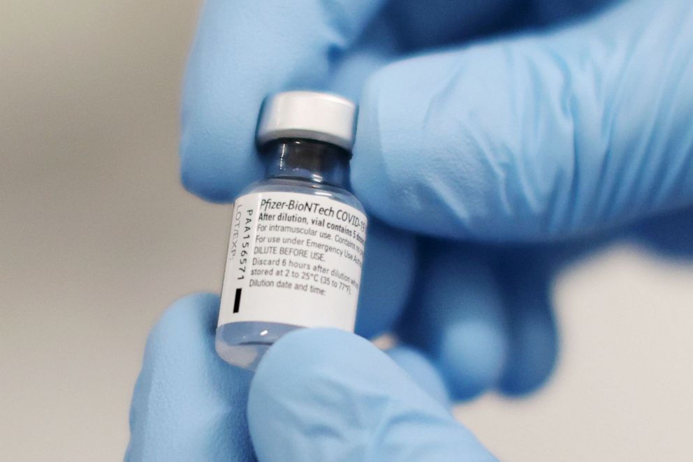 PHOTO:A vial of the Pfizer/BioNTech COVID-19 vaccine is prepared ahead of being administered at the Royal Victoria Hospital in Belfast, Northern Ireland, Dec. 8, 2020. 