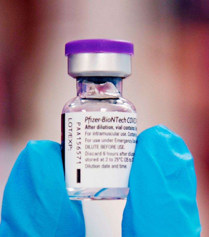 PHOTO: A vial contains the Pfizer-BioNTech COVID-19 vaccine is at the Northern General Hospital in Sheffield, Yorkshire on Dec. 8, 2020.