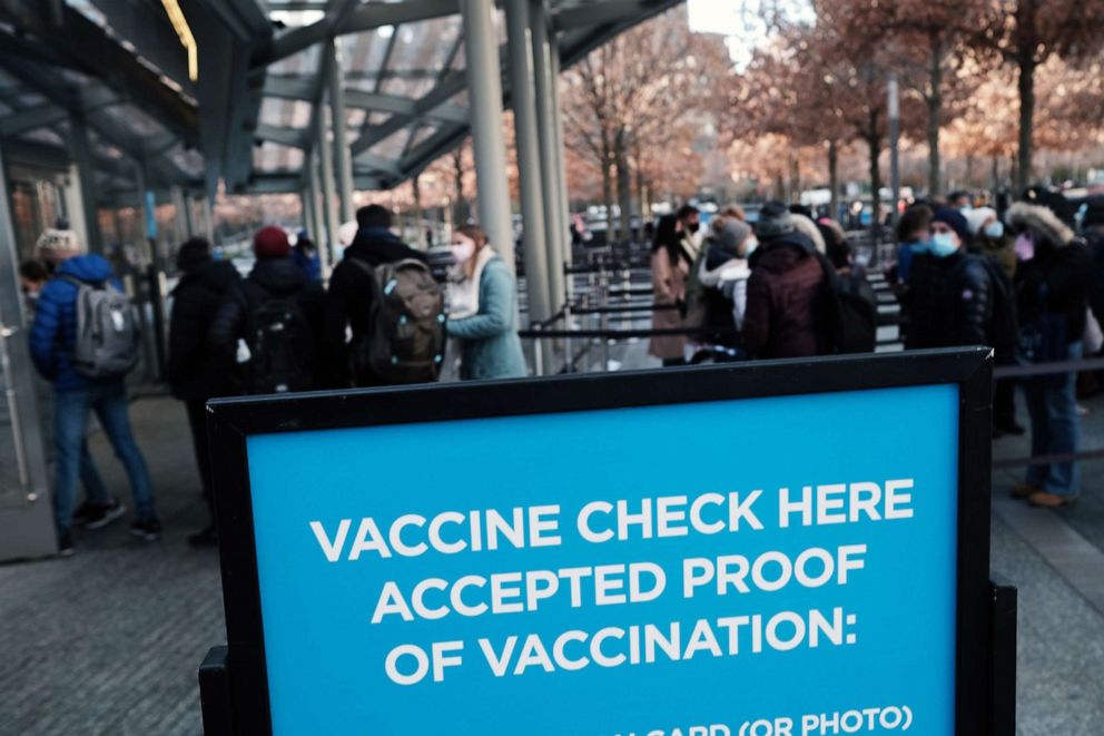 PHOTO: A sign asks for proof of COVID-19 vaccination in Manhattan at the entrance to a museum on Nov. 29, 2021, in New York City.