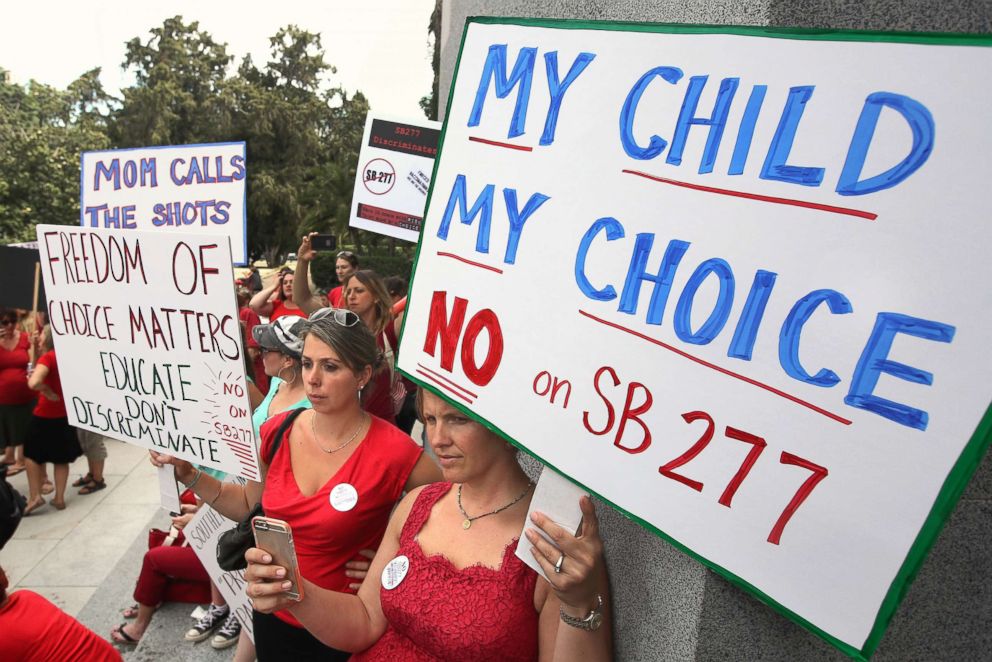 PHOTO: Demonstrators rally against SB 277, a California measure requiring schoolchildren to get vaccinated in Sacramento, Calif., June 9, 2015.