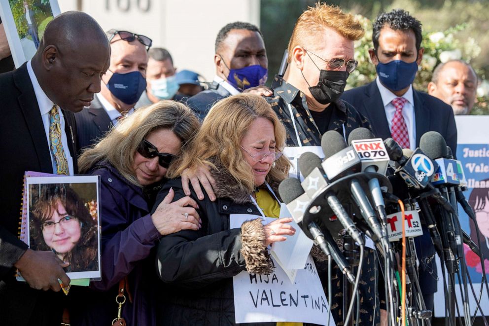 PHOTO: Valentina Orellana-Peralta's mother becomes emotional as she speaks during a news conference about her daughter outside of LAPD headquarters in Los Angeles, Dec. 28, 2021. 