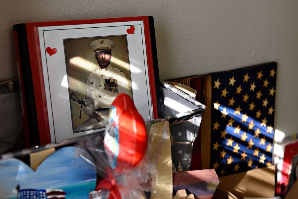 PHOTO: White displays Valentine's Day gifts in his home at the assisted living center in Stockton, Calif., Jan. 31, 2020. For those sending Valentines, White represents something bigger than himself. 