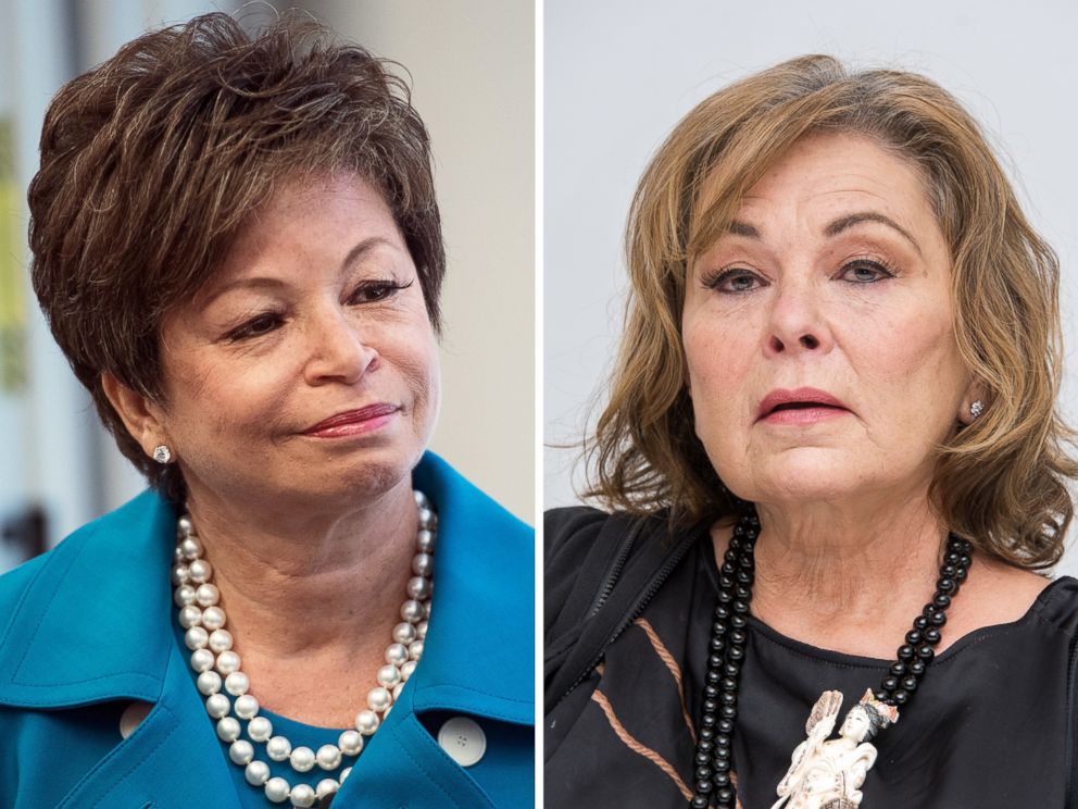 PHOTO: Valerie Jarrett speaks in Washington, May 31, 2017. | Roseanne Barr speaks at a press conference in Beverly Hills, Calif., March 23, 2018.