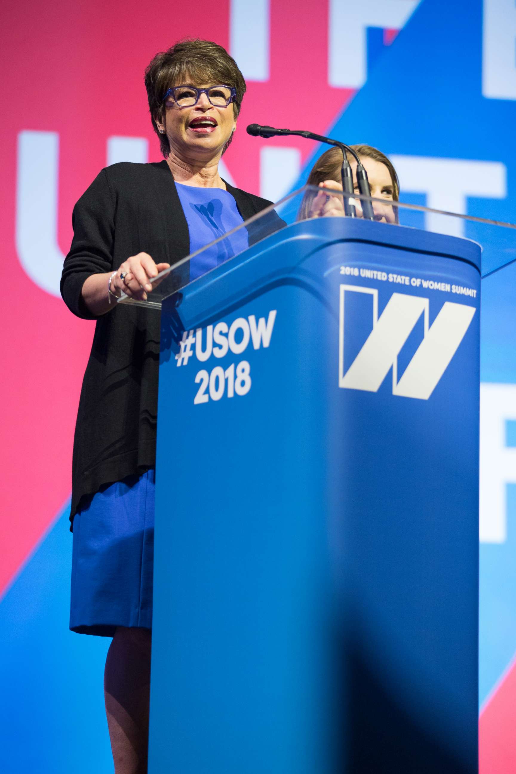 PHOTO: Valerie Jarrett, co-host of the 2018 United State of Women summit, speaks on stage at the Shrine Auditorium in Los Angeles, May 5, 2018.
