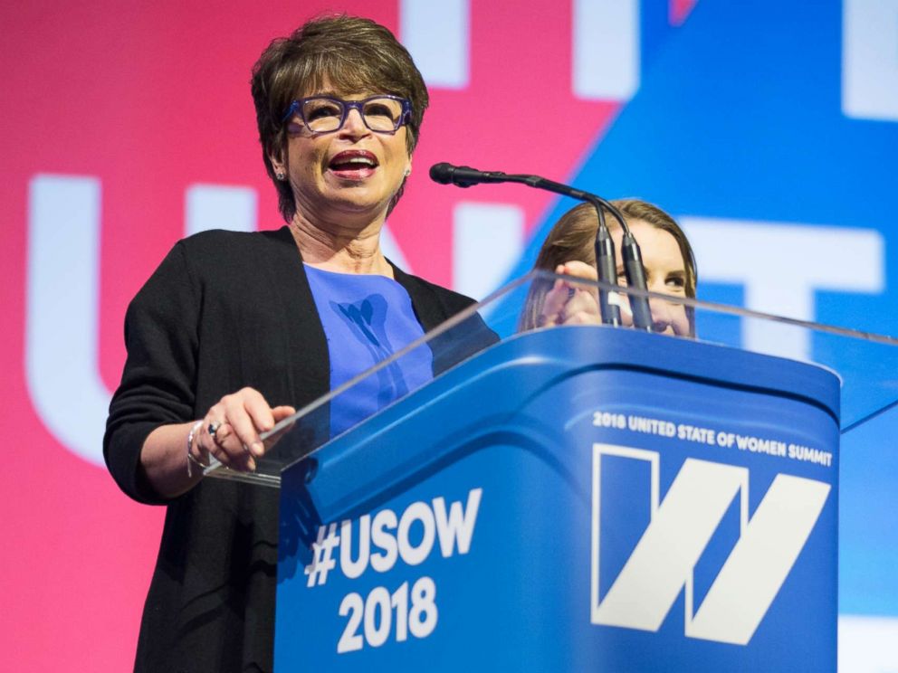 PHOTO: Valerie Jarrett, co-host of the 2018 United State of Women summit, speaks on stage at the Shrine Auditorium in Los Angeles, May 5, 2018.