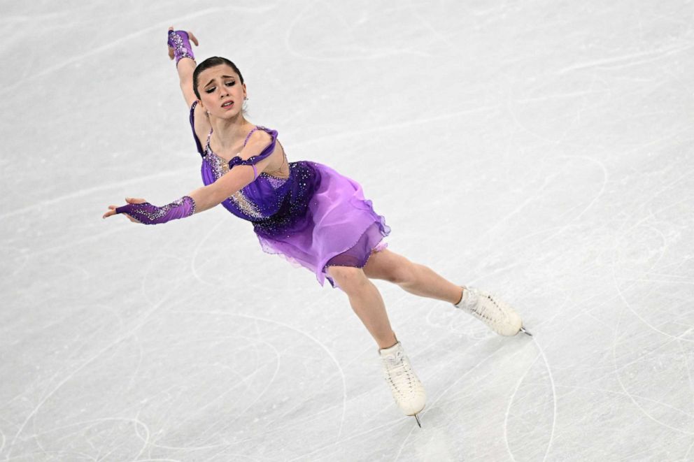 PHOTO: Kamila Valieva competes in the women's single skating short program of the figure skating event during the Beijing 2022 Winter Olympic Games at the Capital Indoor Stadium, in Beijing on Feb. 15, 2022.