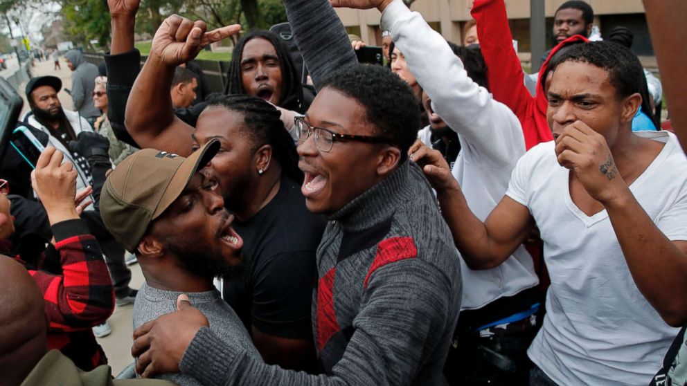 PHOTO: People celebrate the guilty verdict in the murder trial of Chicago police officer Jason Van Dyke outside the Leighton Criminal Court Building in Chicago, Oct. 5, 2018. Van Dyke was found guilty of murder for fatally shooting Laquan McDonald.