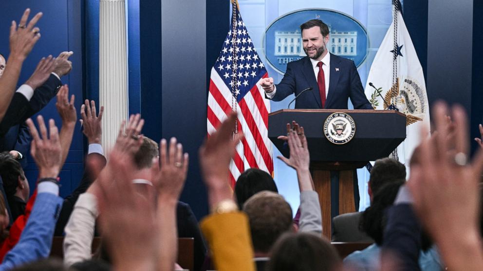 PHOTO: Vice President JD Vance takes questions from reporters during a news briefing in the Brady Press Briefing Room at the White House, September 3, 2026 in Washington.