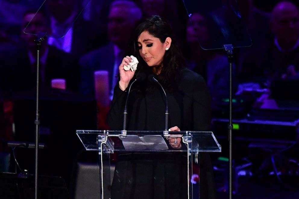 PHOTO: Vanessa Bryant wipes away tears as she speaks during the "Celebration of Life for Kobe and Gianna Bryant" service at Staples Center in Los Angeles, Feb. 24, 2020.