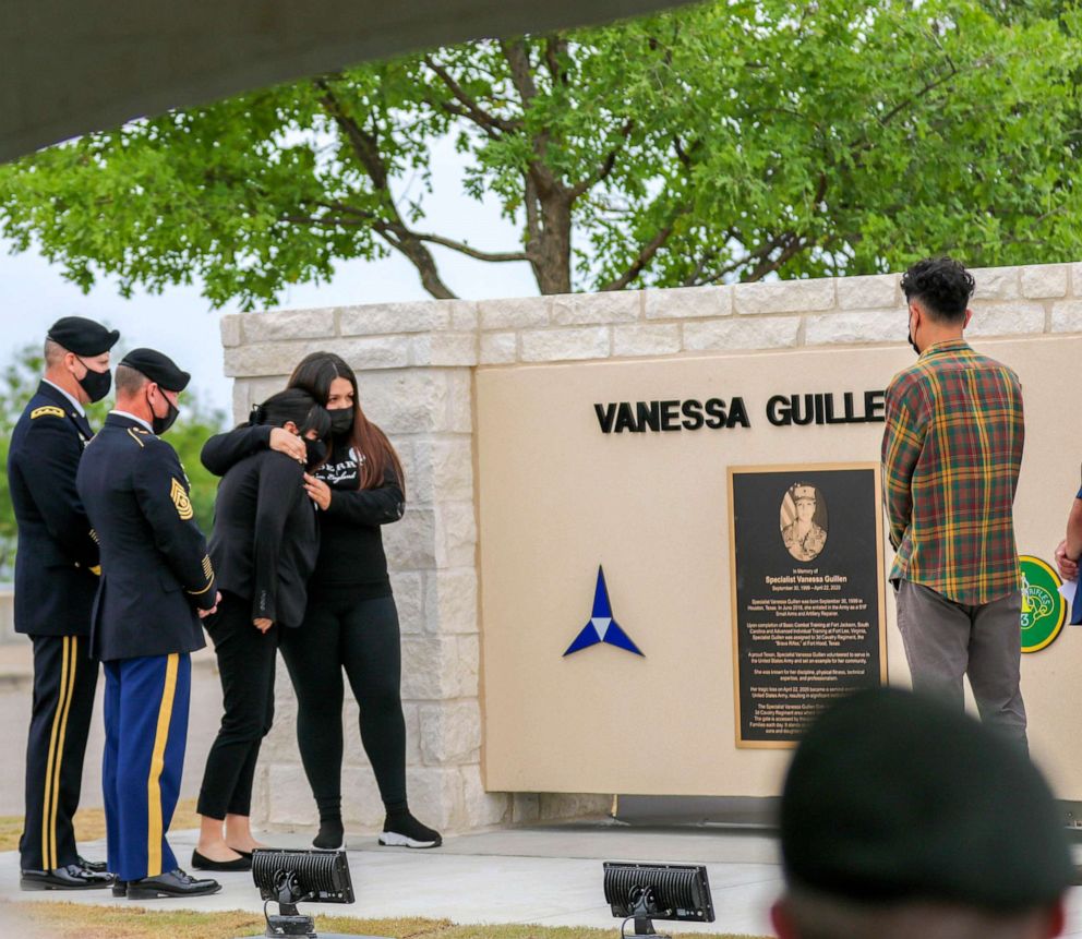 PHOTO: The Guillen family comfort each other after the unveiling of the Spc. Vanessa GuillÃ©n Gate at Fort Hood, Texas, April 19, 2021.