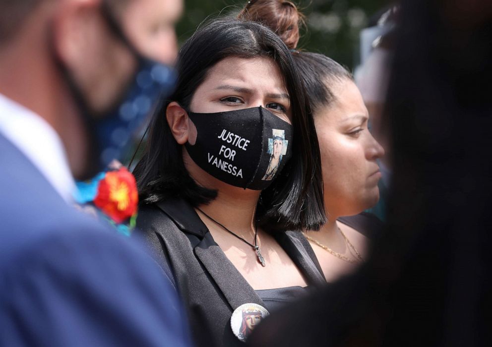 PHOTO: Lupe Guillen, sister of 20-year-old murder victim U.S. Army Pvt. 1st Class Vanessa Guillen, speaks outside the U.S. Capitol as her mother Gloria looks on Sept. 16, 2020, in Washington, D.C. 